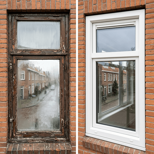 Before and after: old wooden windows replaced by new PVC windows with triple glass